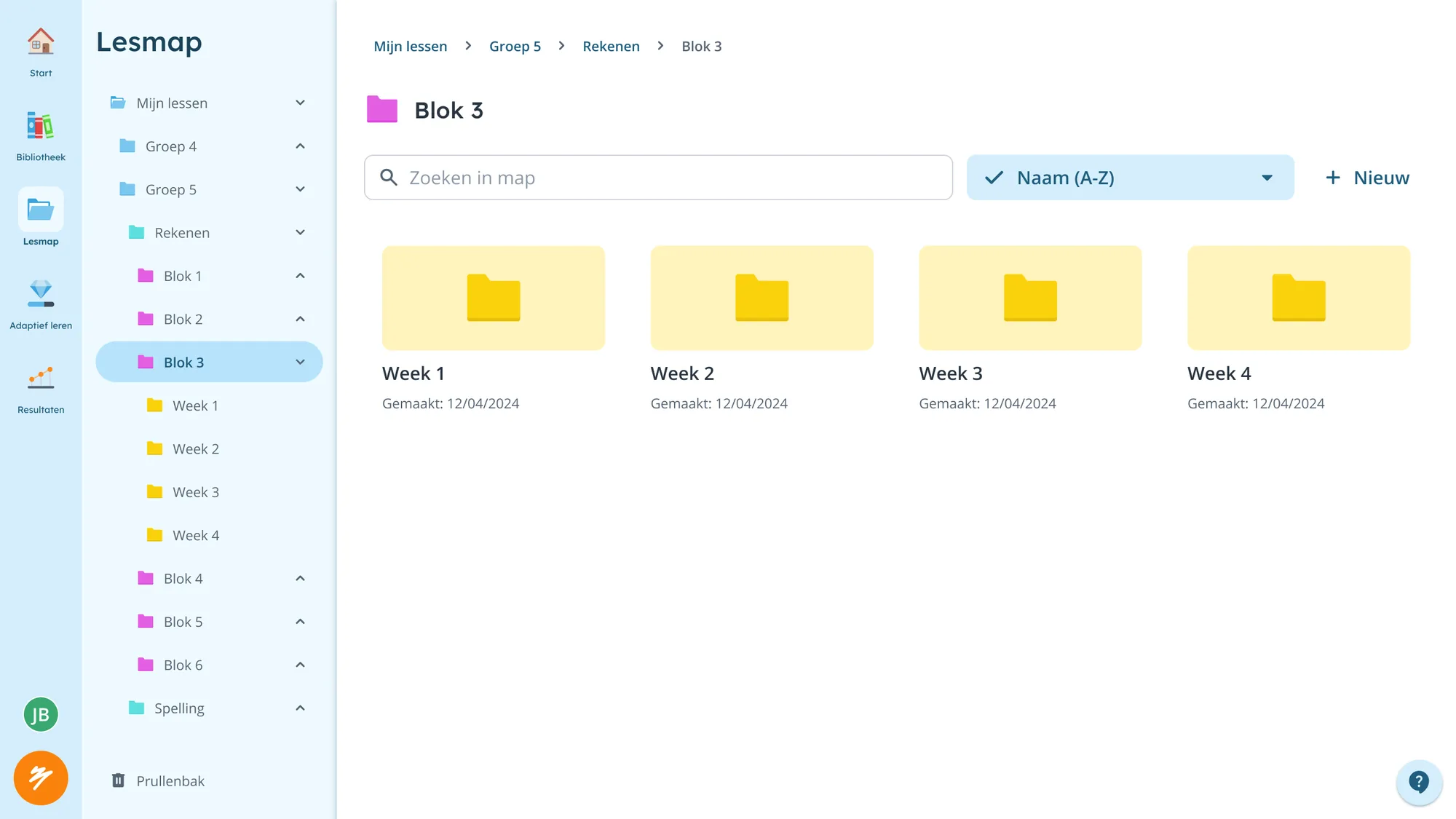 Secondary navigation showing a lesson folder tree structure